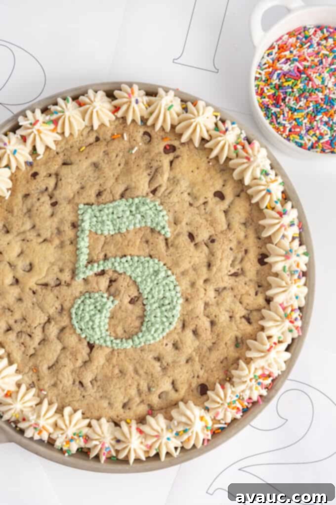 The Grand Birthday Cookie Cake 2 chocolate chip giant birthday cookie cake with sprinkles and cake number stencil #5