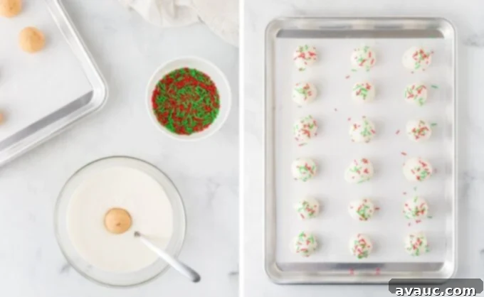 Gourmet Sugar Cookie Truffles 9 dipping a sugar cookie truffle in white almond bark and immediately topping it with sprinkles
