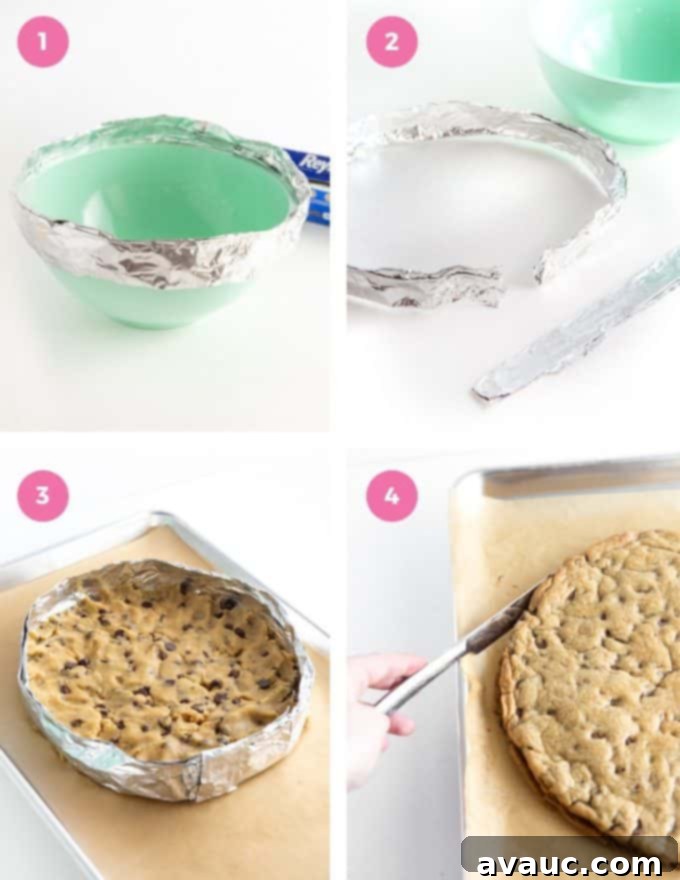 Step-by-step instructions showing how to create an aluminum foil cookie cake pan
