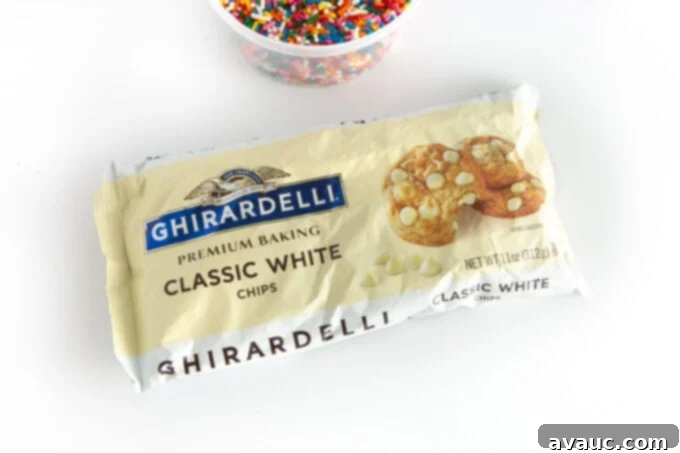 Vibrant Chewy Funfetti Cookie Cake 6 A bag of Ghirardelli white chocolate chips, recommended for their quality and flavor.