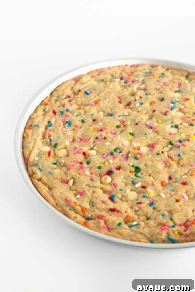 Vibrant Chewy Funfetti Cookie Cake 9 Freshly baked funfetti cookie cake, golden brown at the edges and slightly soft in the middle.