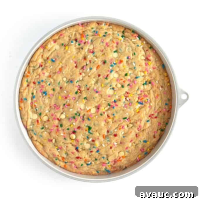 Vibrant Chewy Funfetti Cookie Cake 10 A funfetti cookie cake cooling in its pan on a wire rack.