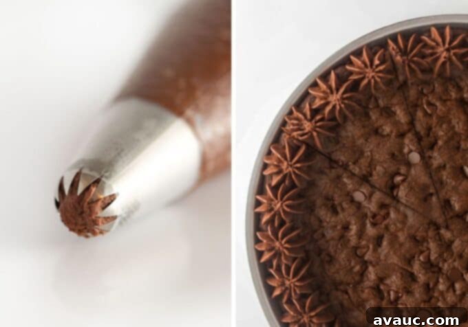 Decadent Triple Chocolate Cookie Cake 9 large star piping tip of chocolate buttercream frosting