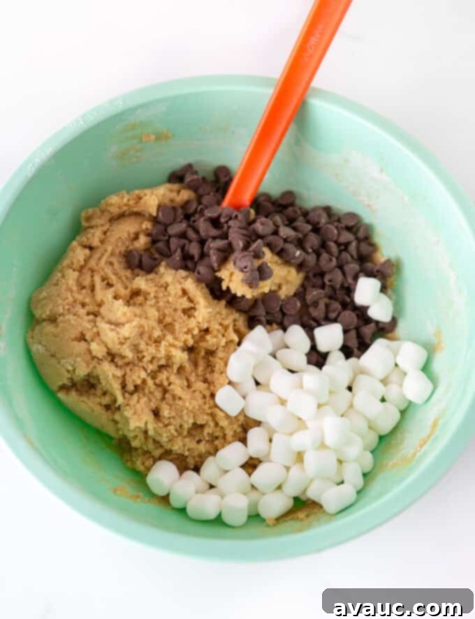 Campfire S'mores Cookie Cake 6 S'mores cookie cake ingredients laid out on a table, including crushed graham crackers and chocolate chips