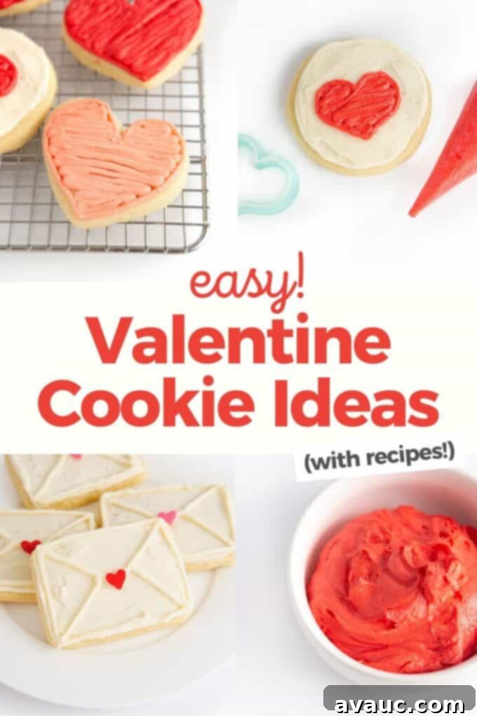3 Quick Valentine Cookie Decorating Hacks 2 Three easy Valentine's Day cookie decorating ideas: pink heart, white envelope, and red heart on a circle.