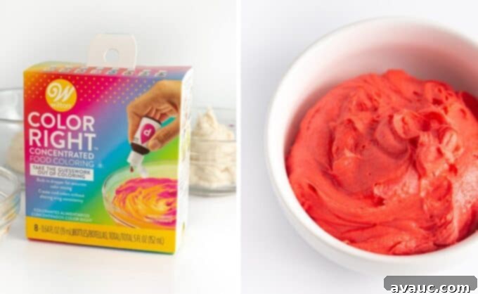 3 Quick Valentine Cookie Decorating Hacks 7 Wilton Color Right food coloring set next to a bowl of vibrant red frosting.
