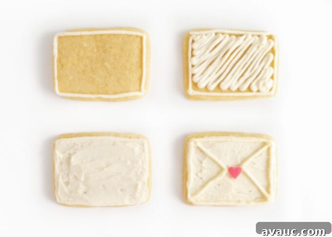 3 Quick Valentine Cookie Decorating Hacks 9 White envelope Valentine cookies with a piped outline and a red heart sprinkle.