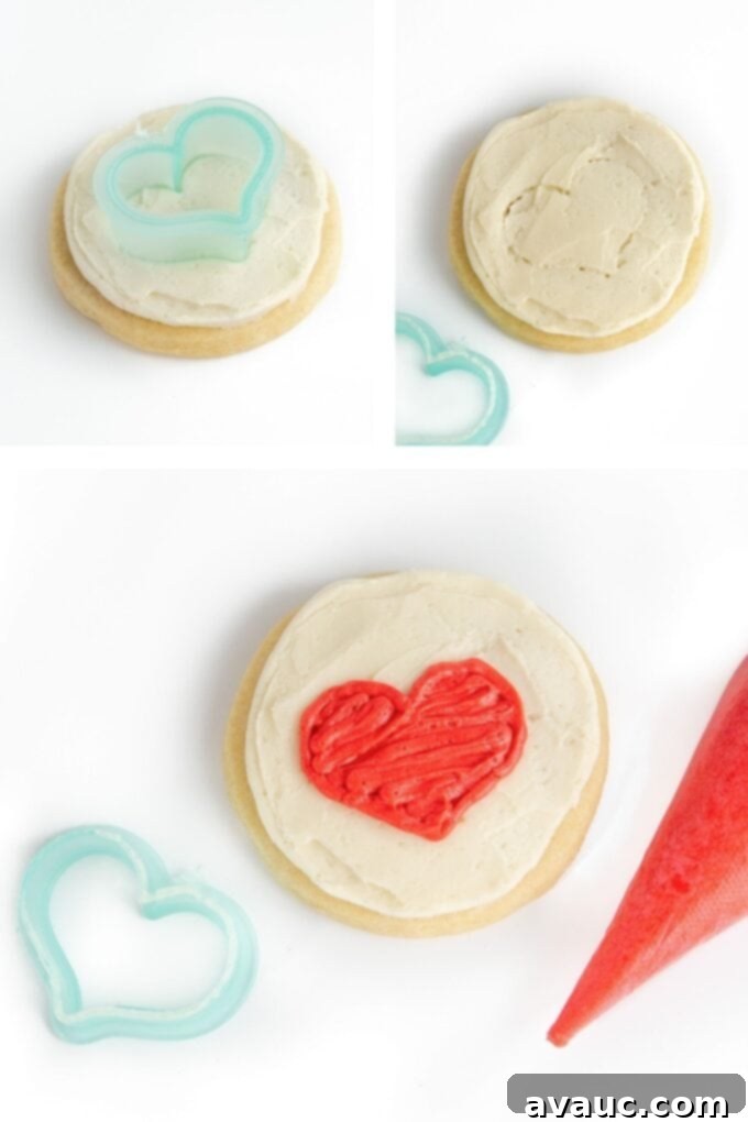 3 Quick Valentine Cookie Decorating Hacks 10 Circle Valentine cookies with a vibrant red heart in the center.