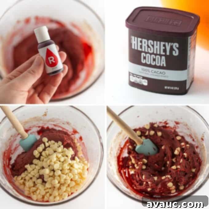 Decadent Red Velvet Cookie Cake 7 Red velvet cookie dough being mixed in a bowl with white chocolate chips.