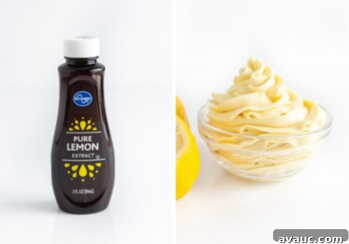 A bottle of pure lemon extract alongside a bowl of fluffy, bright yellow lemon buttercream frosting, essential ingredients for these zesty cookie bars.