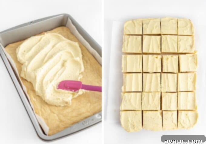 Process shot: Spreading smooth lemon buttercream frosting evenly over baked lemon cookie bars in a 9x13 pan, followed by a shot of the finished bars cut into 24 perfect squares.