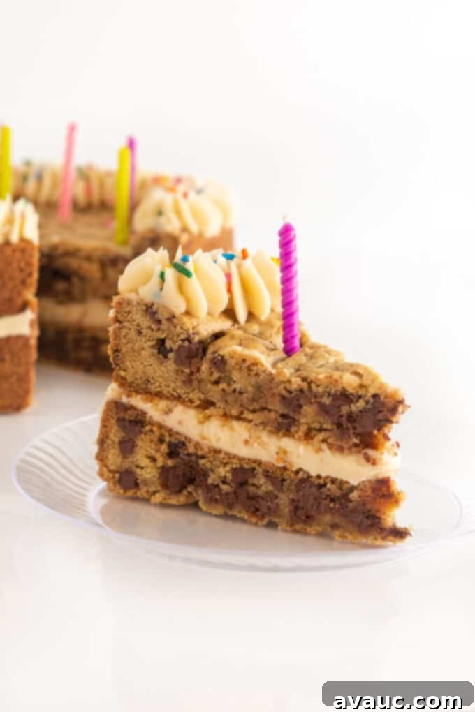 Giant Cookie Sandwich 3 Slice of double layer chocolate chip cookie cake with a birthday candle