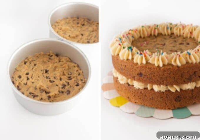 Giant Cookie Sandwich 5 Two images: one of chocolate chip cookie dough in a pan, and one of a frosted layered cookie cake