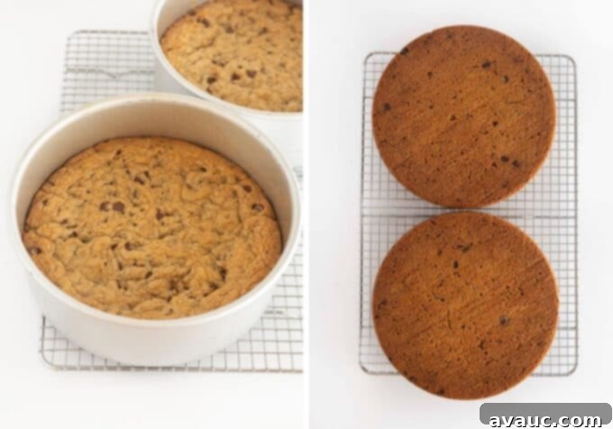 Giant Cookie Sandwich 9 Cooled 8-inch cookie cakes resting in metal pans before removal
