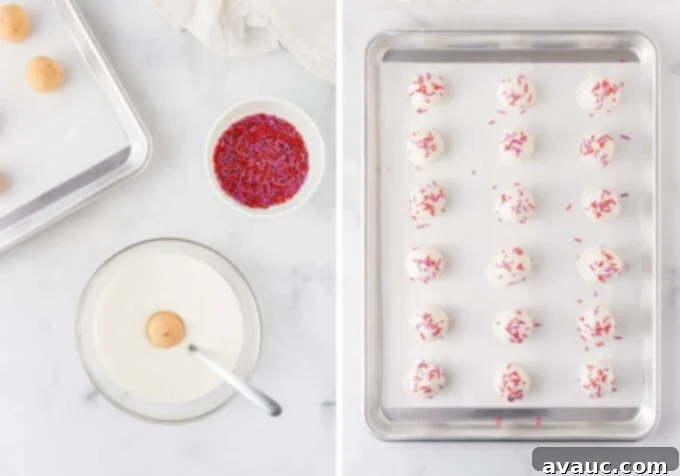 Valentines Day Sugar Cookie Truffles 10 A sugar cookie Valentine truffle being dipped into melted white almond bark, with sprinkles nearby, demonstrating the decoration process.
