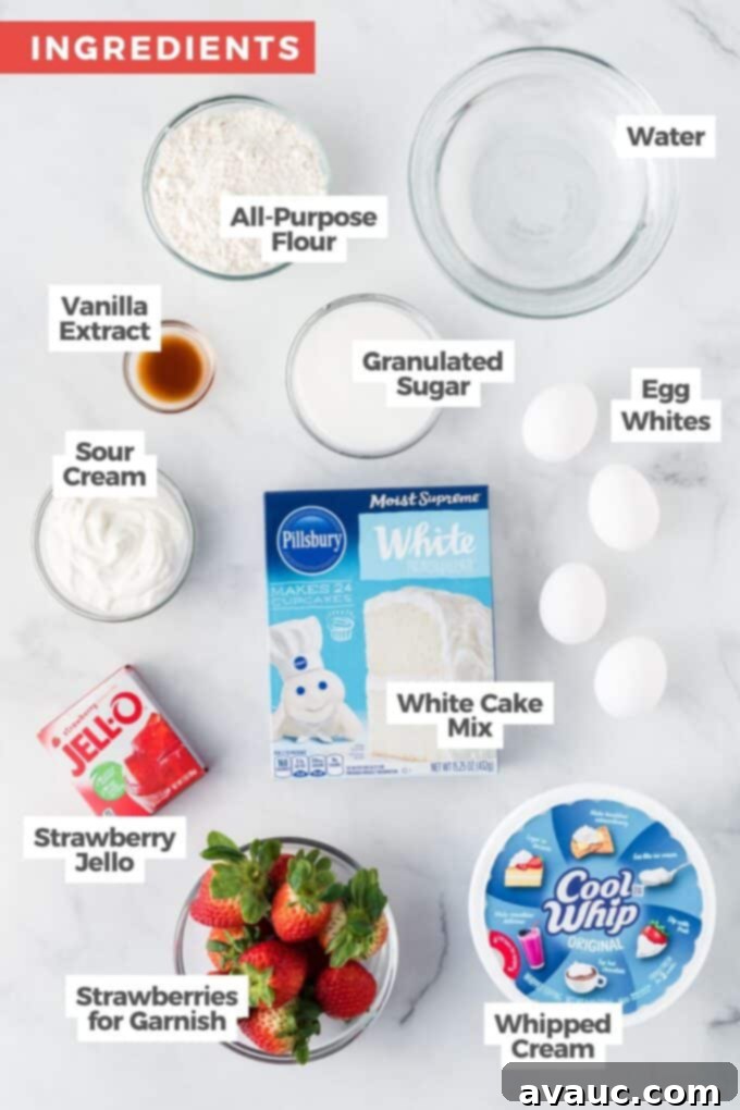 Strawberry Burst Poke Cake 4 bowls of ingredients for strawberry jello poke cake