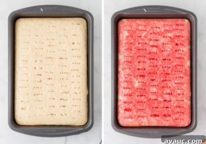 Strawberry Burst Poke Cake 7 Baked cake before and after adding strawberry Jello
