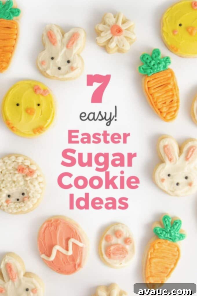 7 Delightful Easter Cookie Designs, Made Easy 2 easter shaped sugar cookies with text in center that reads, "7 easy sugar cookie ideas"