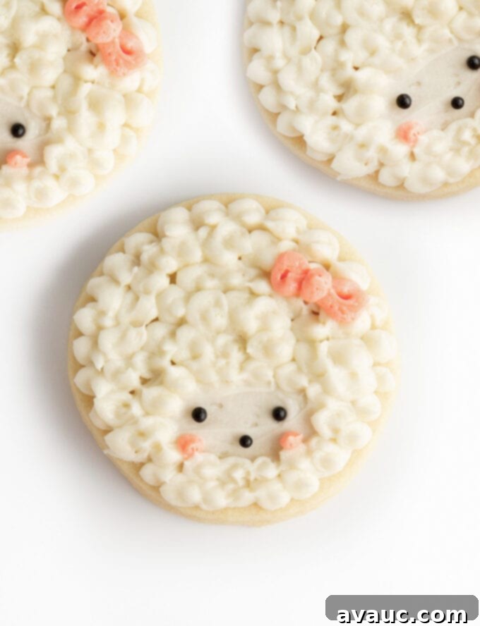7 Delightful Easter Cookie Designs, Made Easy 10 Circle sugar cookie decorated with white frosting and black pearl sprinkles to look like fluffy lamb