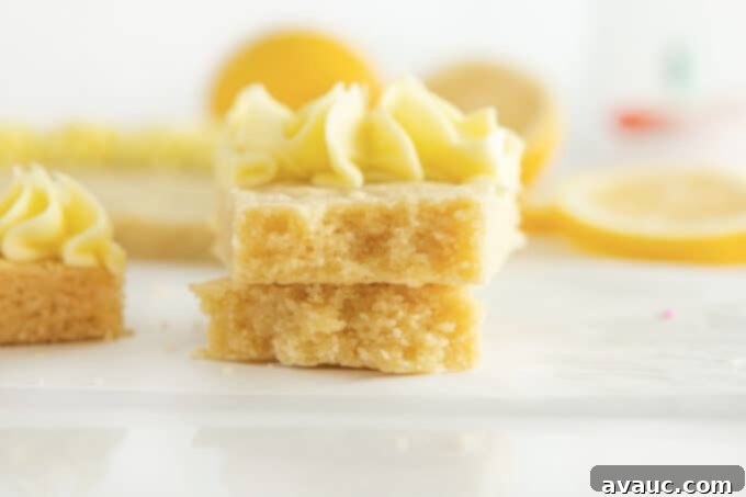 Zesty Lemon Cookie Cake 3 Close-up of a slice of lemon cookie cake with lemon buttercream.