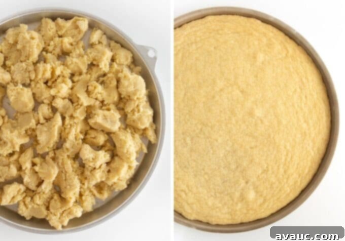 Zesty Lemon Cookie Cake 8 Pressing cookie dough into a round cake pan.