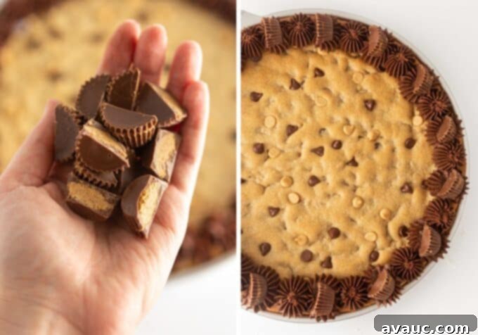 Decadent Peanut Butter Cookie Cake 9 Finished Peanut Butter Cookie Cake decorated with Reese's candies