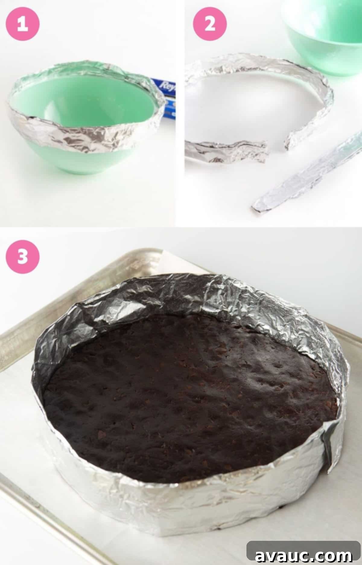 collage of how to make a DIY foil ring for a cookie cake, showing the simple steps from foil sheet to round mold