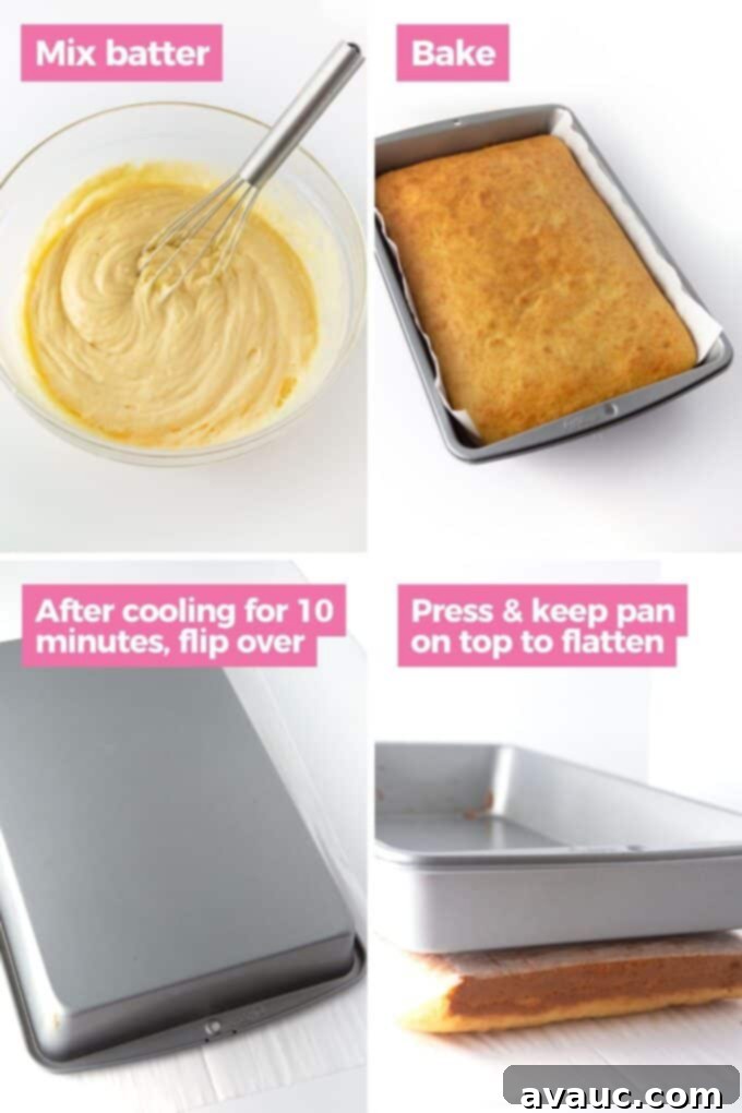 A baked yellow cake cooling upside down on a wire rack with the empty baking pan placed on top to flatten it.