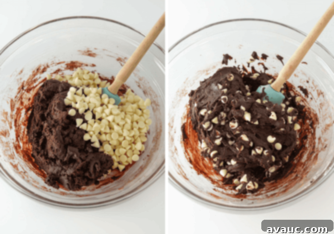 Oreo Dream Cake 5 Two photos showing Oreo pizza dough in a glass mixing bowl, first as ingredients are combined, then fully mixed with white chocolate chips.