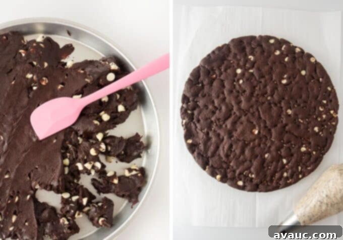 Oreo Dream Cake 6 Photo showing Oreo cookie dough pressed into a cookie cake pan, alongside a perfectly baked Oreo pizza cookie, ready for cooling.