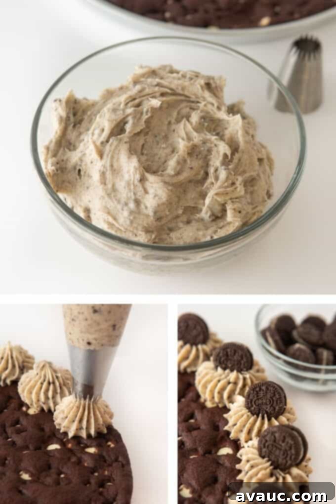 Oreo Dream Cake 7 Triptych of photos showing the process of making Oreo frosting and decorating an Oreo pizza cookie with piped border and mini Oreos.