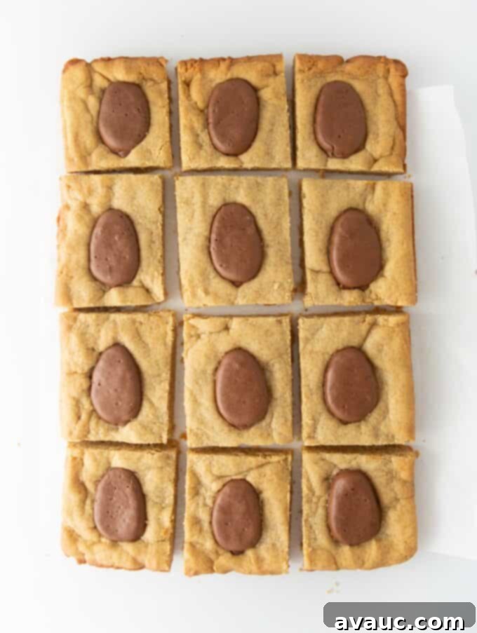 Reese's Egg Bliss Bars 6 Sliced Reese's Egg Peanut Butter Bars arranged on a serving plate, showing their neat edges and delicious toppings.