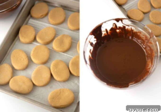 Irresistible Homemade Peanut Butter Eggs 7 Tray of perfectly dipped homemade peanut butter eggs next to a bowl of melted chocolate, ready for decorating