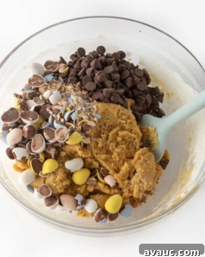 Cookie dough mixed with crushed Cadbury eggs and chocolate chips.