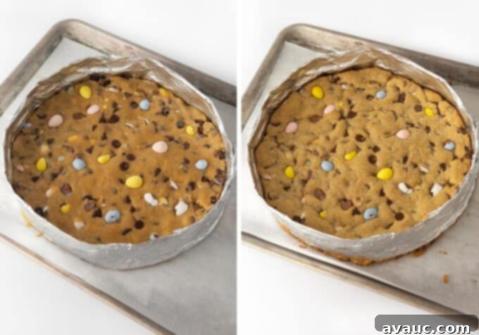 Cookie dough pressed into a DIY foil pan on a baking sheet.