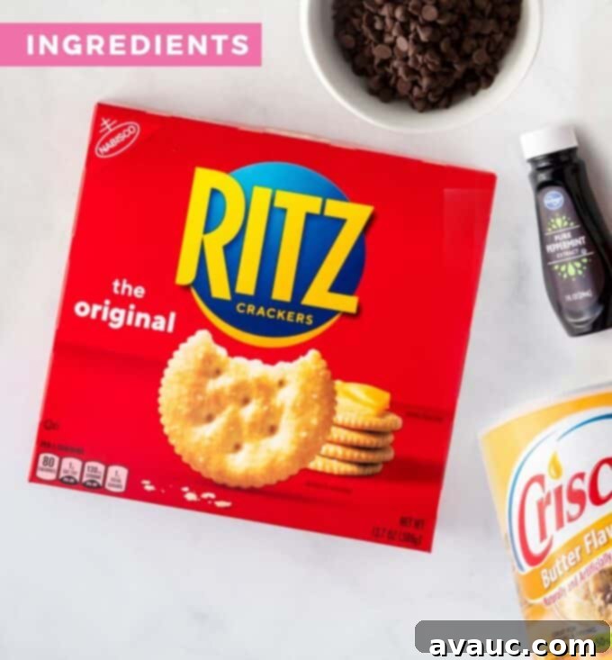 Ritz Cracker Thin Mint Crunch 4 Ingredients laid out for making Thin Mints, including Ritz crackers, chocolate chips, and peppermint extract.