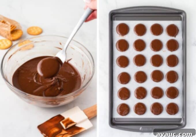 Ritz Cracker Thin Mint Crunch 6 A Ritz cracker being dipped into melted chocolate with a fork.