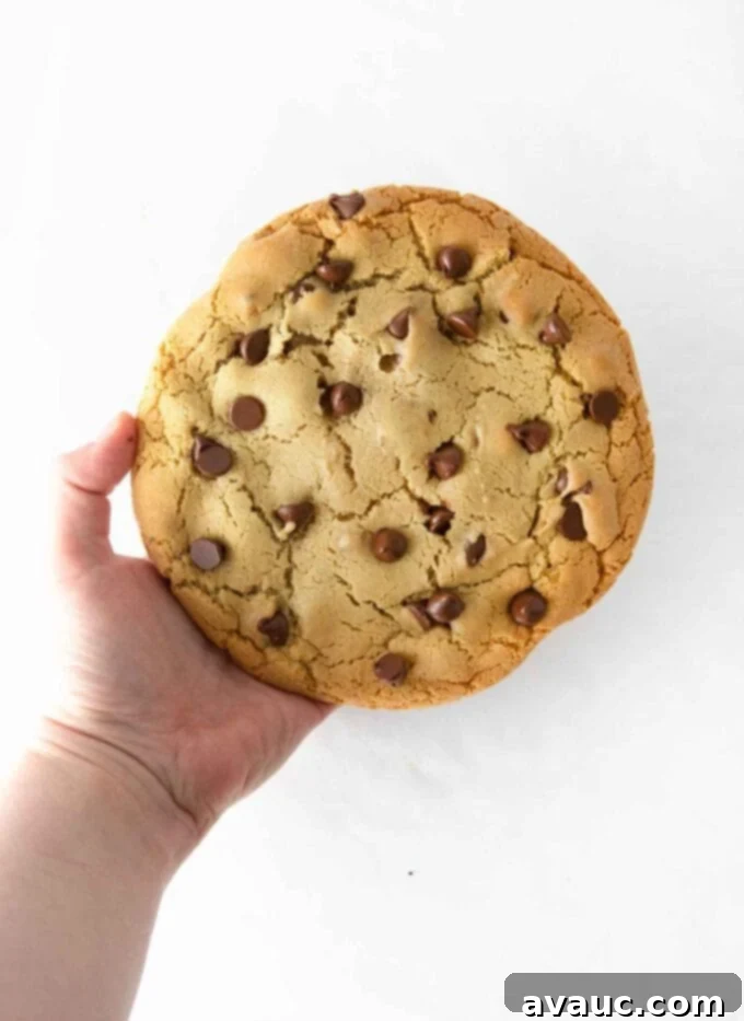 One Epic Chocolate Chip Cookie 3 Close-up of a giant chocolate chip cookie with melted chocolate chips, ready to be eaten.