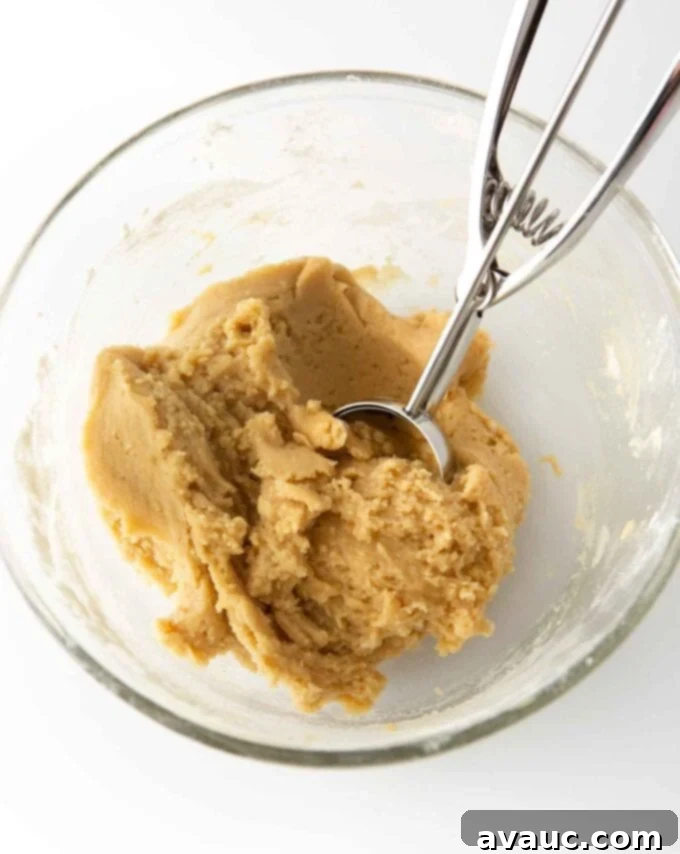 Glass bowl with snickerdoodle cookie dough with 2-tablespoon cookie scoop