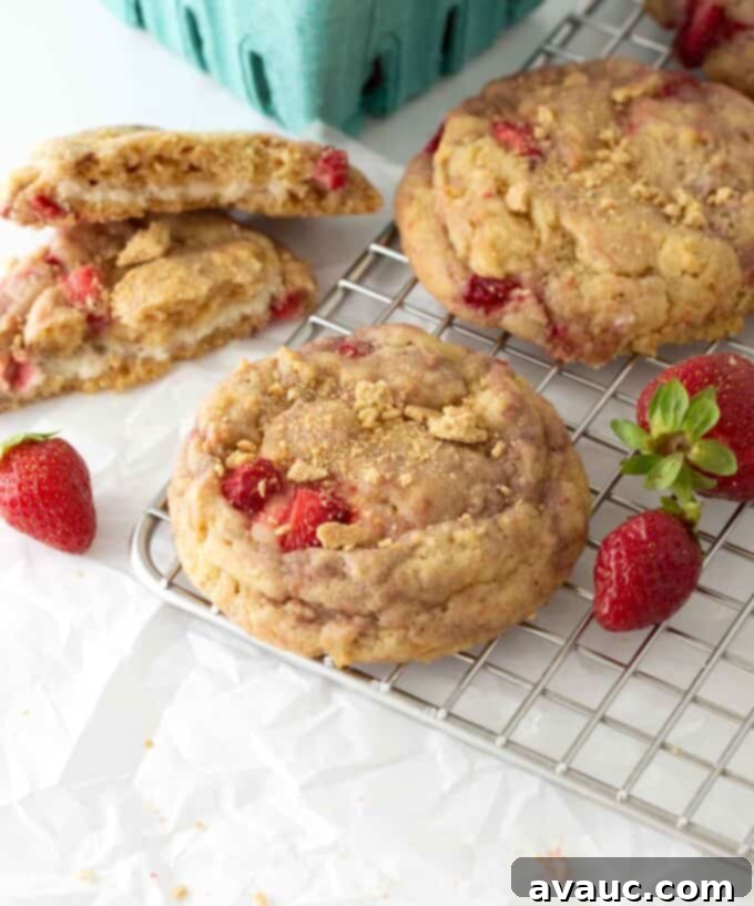 Cheesecake Filled Strawberry Cookies 2 Strawberry Cheesecake cookies are stacked on a metal cooling rack, surrounded by fresh strawberries, showcasing their delicious, thick texture.