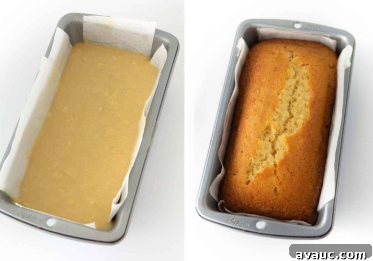Starbucks-Inspired Lemon Loaf 8 A baking pan lined with parchment paper, filled with the lemon loaf batter, ready to go into the oven.