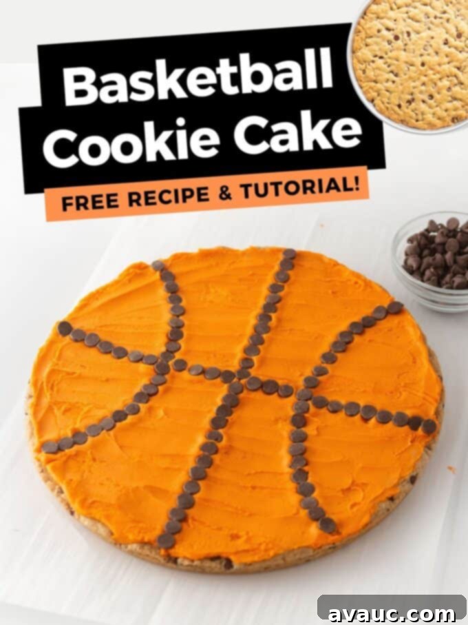 Delicious basketball-themed chocolate chip cookie cake with vibrant orange frosting and chocolate chip seams