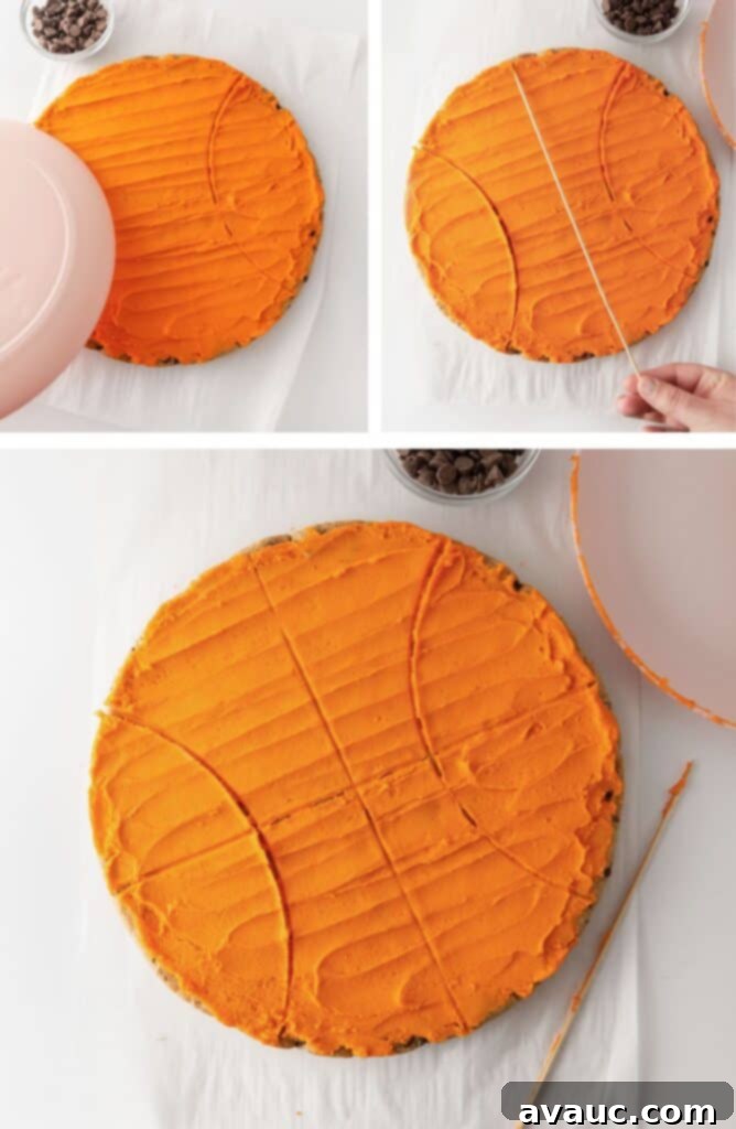 Orange frosted cookie cake with guide lines etched for basketball design, ready for chocolate chips
