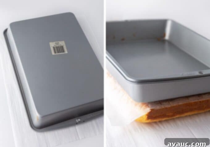 9x13 Zebra Sheet Cake 6 Side by side photos showing the cake pan flipped, and then set on top of cake to flatten it