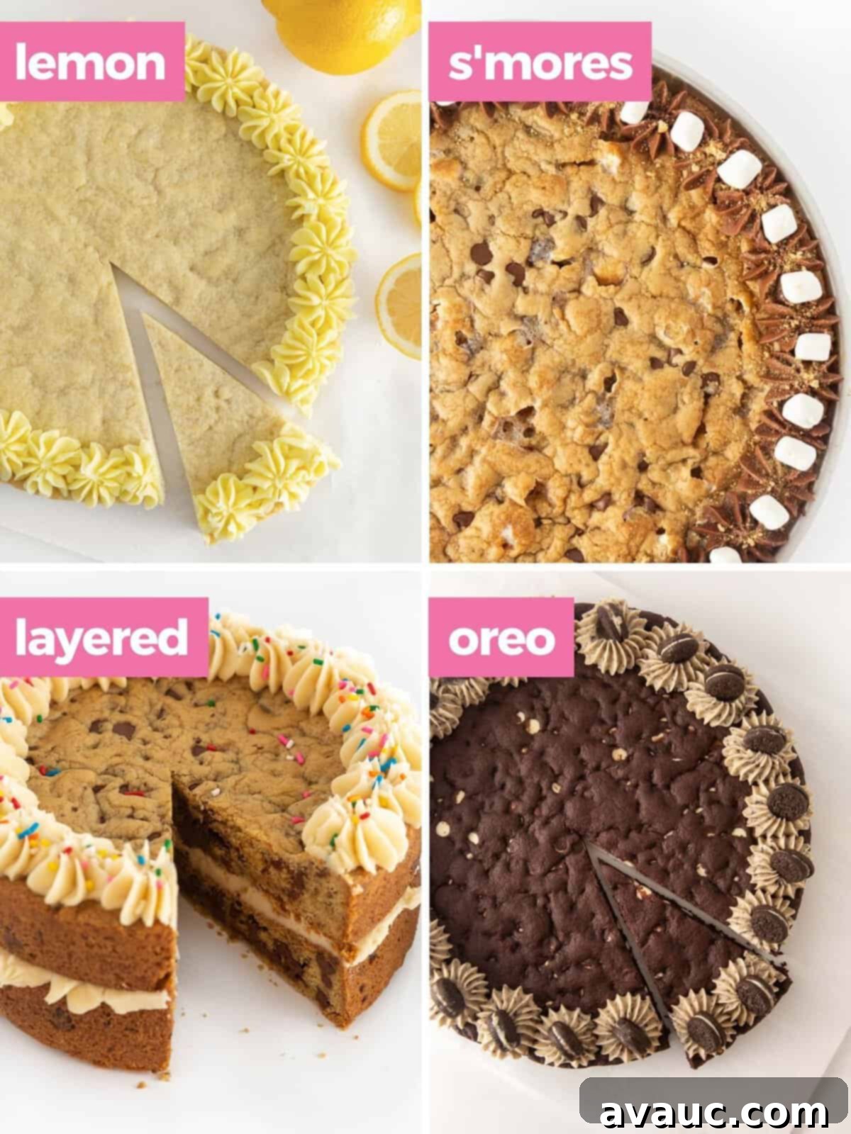collage of four different flavors of cookie cakes; lemon, smores, layered, and oreo