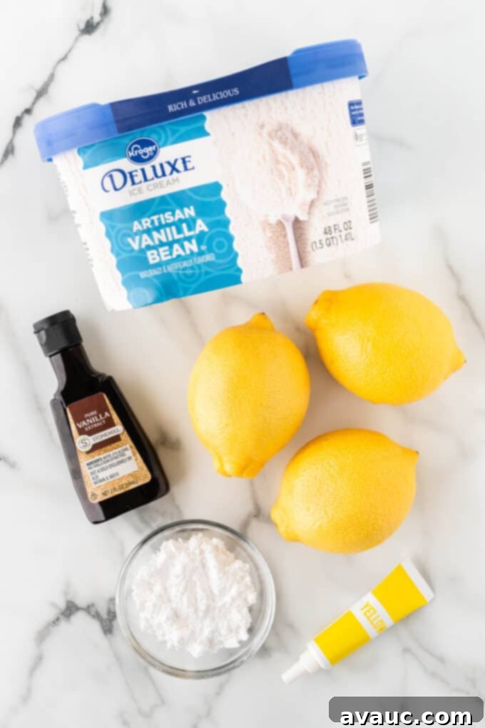 Homemade Chick-fil-A Frosted Lemonade 4 Ingredients for copycat Chick-fil-A frosted lemonade laid out: vanilla ice cream, fresh lemons, powdered sugar, and vanilla extract.