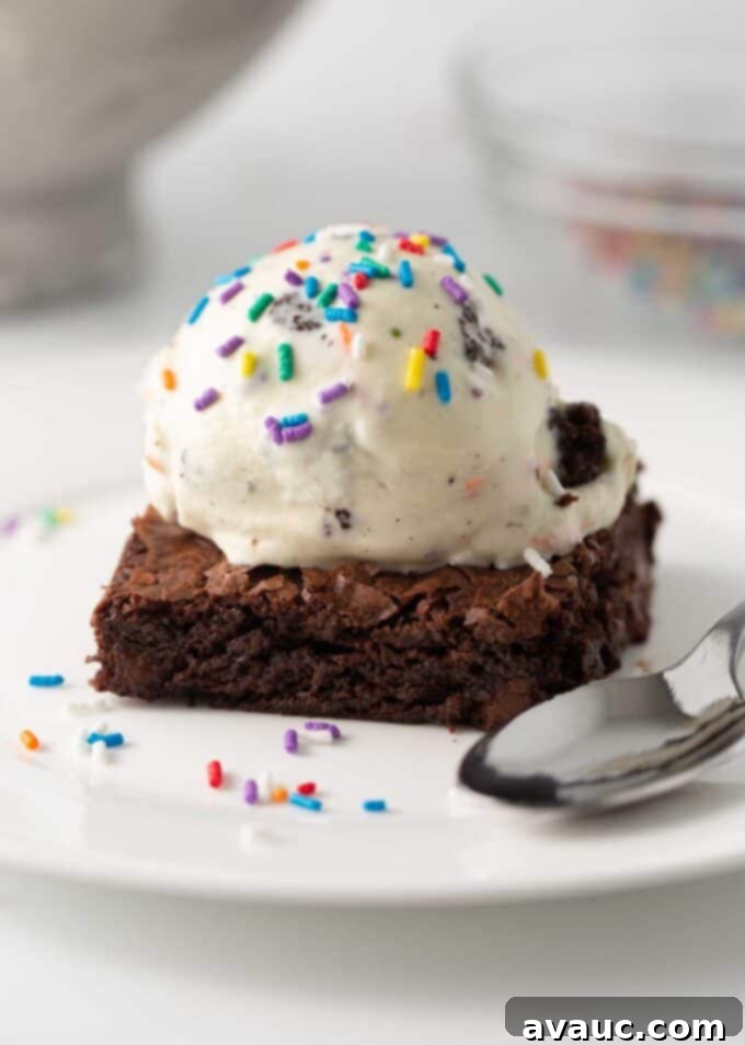 Scoop of homemade cake batter ice cream on a brownie square, garnished with colorful sprinkles.