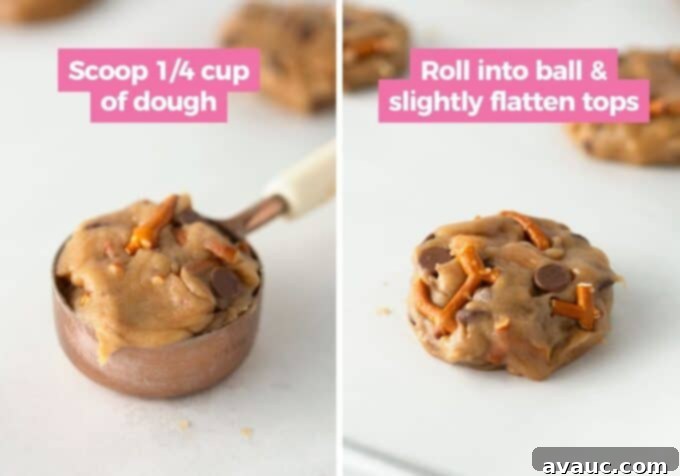 Scooped and flattened cookie dough balls on a parchment-lined baking sheet.