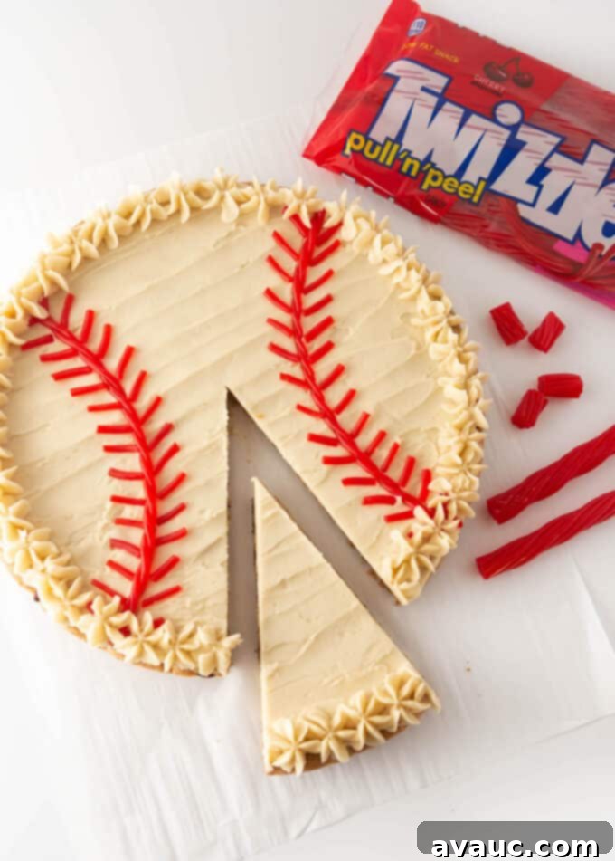 Homerun Hero Cookie Cake 2 Delicious homemade baseball cookie cake decorated with red licorice stitches.