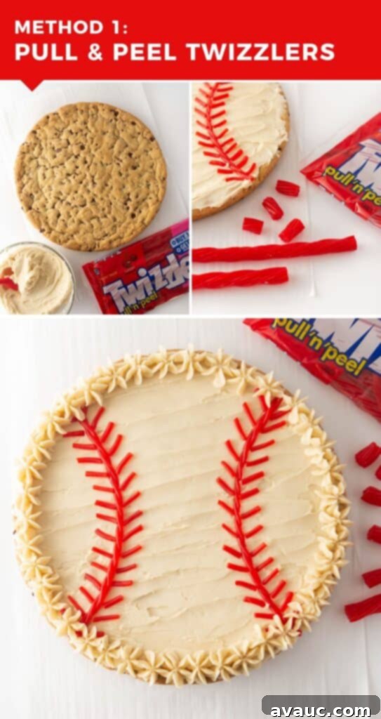 Homerun Hero Cookie Cake 5 Baseball cookie cake decorated with red licorice strings.